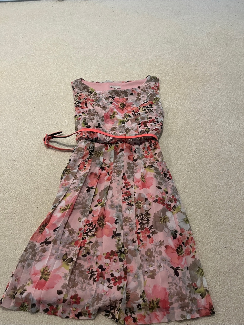 Christopher & Banks Pink Floral Midi Dress with Slim Belt